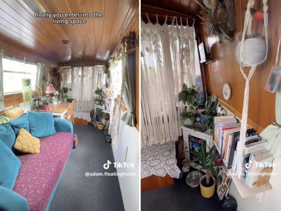 TikTok screenshots of Lind and Coley's narrowboat home.