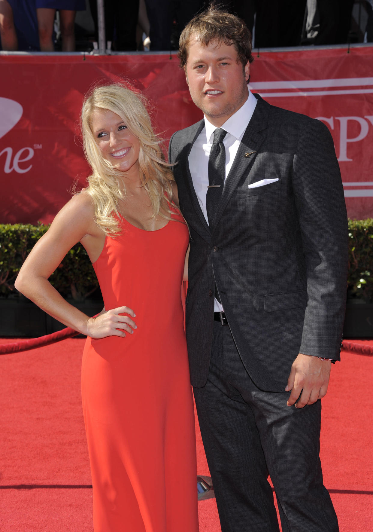 Detroit Lions quarterback Matt Stafford, right, and Kelly Hall arrive at the ESPY Awards on Wednesday, July 11, 2012, in Los Angeles. (Photo by Chris Pizzello/Invision/AP)