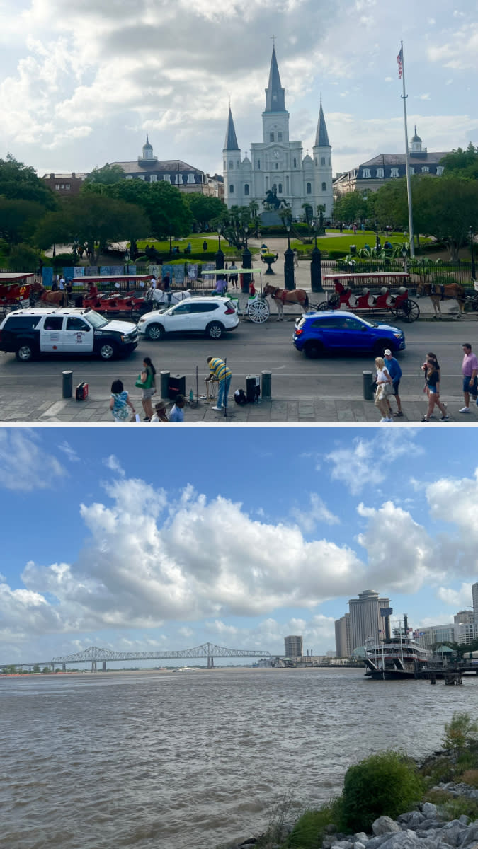 Top image shows Jackson Square in New Orleans, featuring horse-drawn carriages and St. Louis Cathedral. Bottom image shows the Mississippi River and New Orleans skyline
