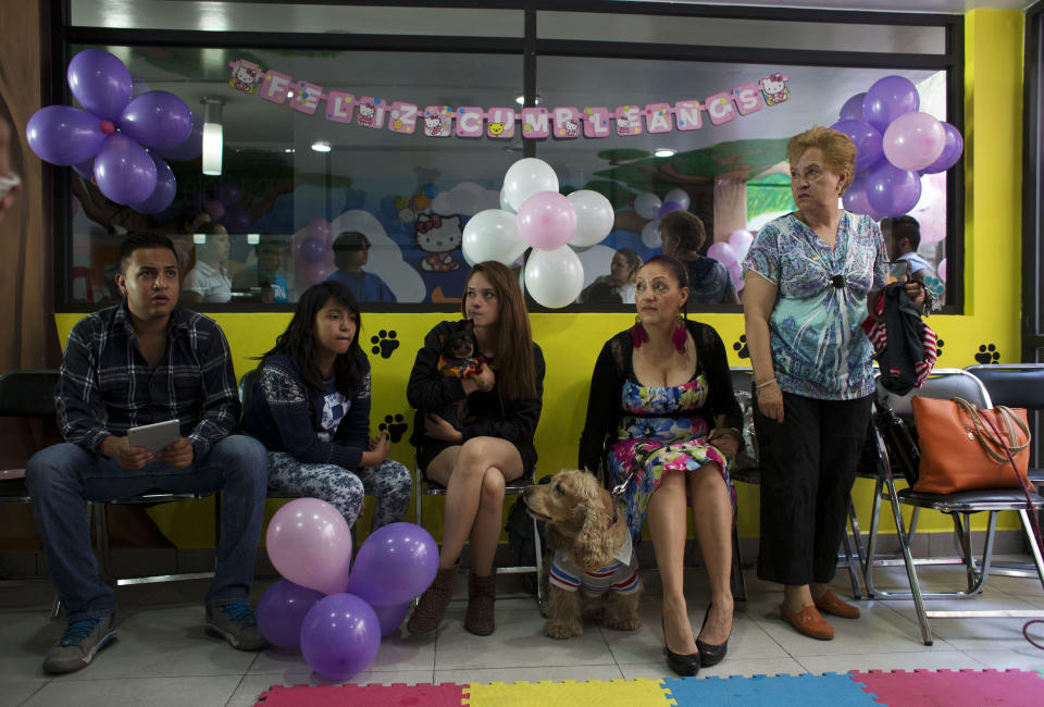In this Sunday, April 6, 2014 photo, guests attend a Hello Kitty themed birthday party for Camila, a one-year-old Dachshund, at Pet Central spa in Mexico City, Mexico. Human guests outnumbered canine ones, but party activities and treats were squarely centered around the birthday girl and her friends. (AP Photo/Rebecca Blackwell)