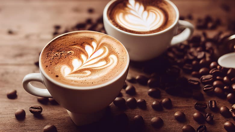 Two lattes in mugs surrounded by coffee beans