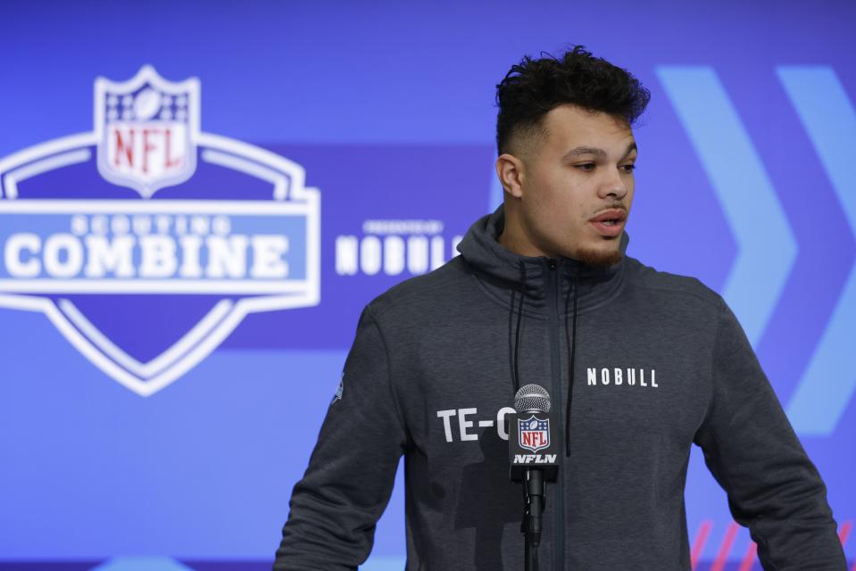 Tight end Erick All speaks to the media during the NFL combine