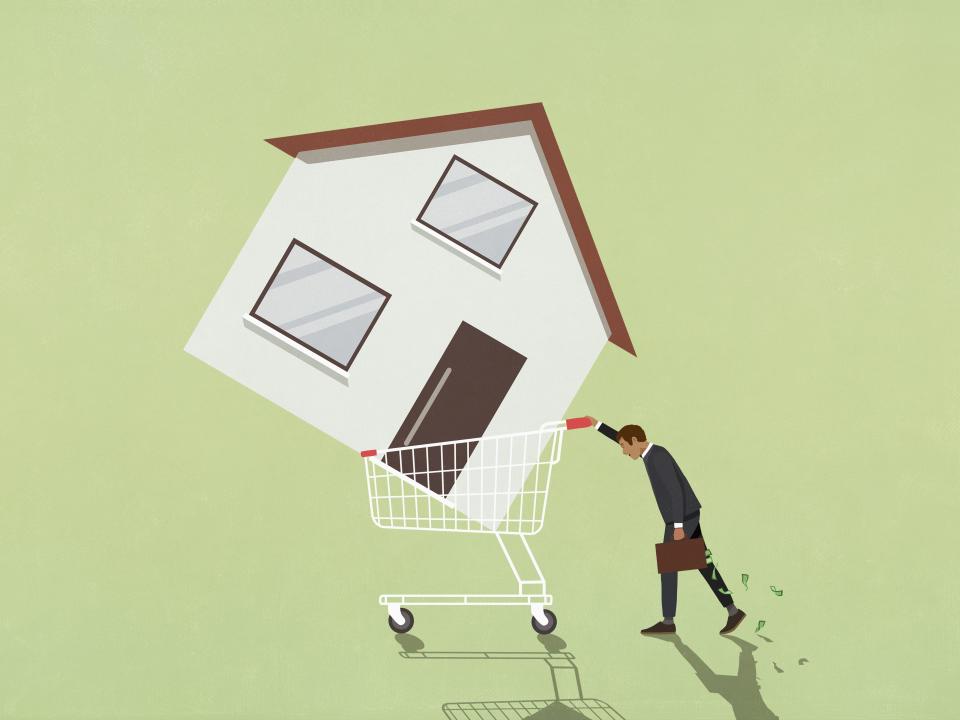 Male investor with money briefcase pushing shopping cart with large house - stock illustration