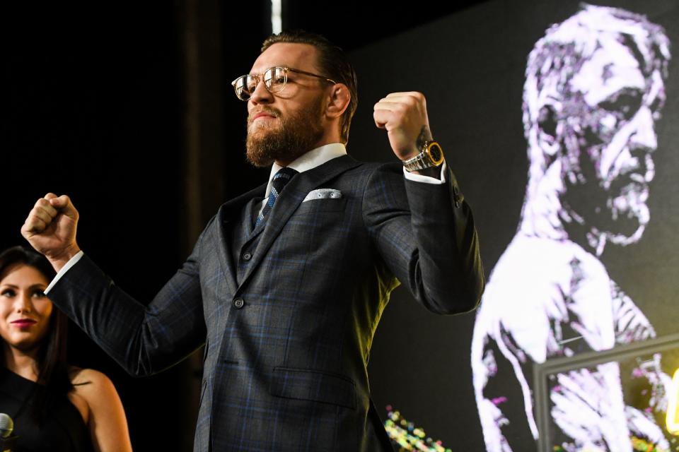 Mixed martial arts star Conor McGregor of Ireland attends a media briefing in central Moscow on October 24, 2019 to announce his next MMA combat schedule on January 18, 2020 in Las-Vegas. (Photo by Kirill KUDRYAVTSEV / AFP) (Photo by KIRILL KUDRYAVTSEV/AFP via Getty Images)