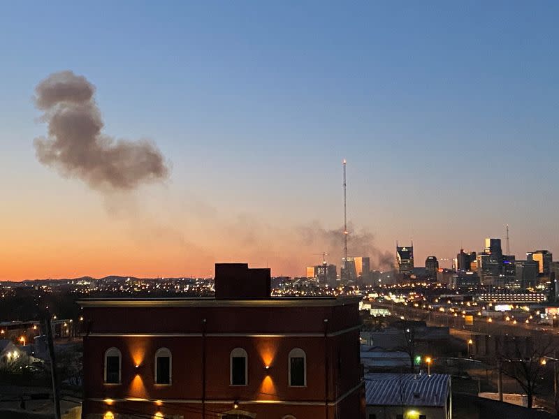 Smoke billows from the site of an explosion in the area of Second and Commerce in Nashville