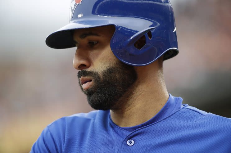 Toronto Blue Jays' Jose Bautista prepares for an at-bat during an opening day baseball game against the Baltimore Orioles in Baltimore, Monday, April 3, 2017. (AP Photo/Patrick Semansky)