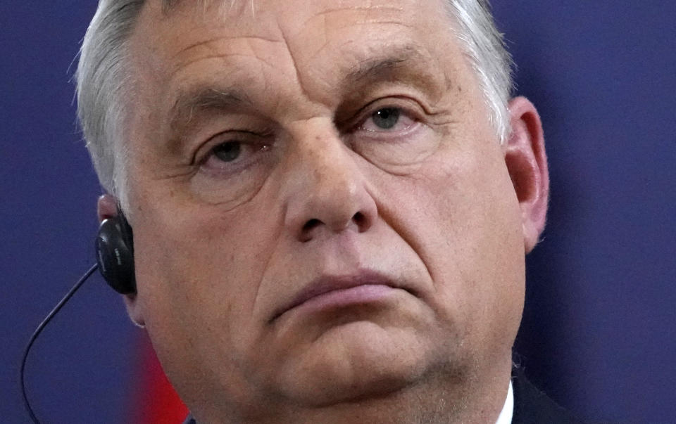 Hungary's Prime Minister Viktor Orban listens to a question during a press conference with Serbian President Aleksandar Vucic and Austria's Chancellor Karl Nehammer after their trilateral meeting in Belgrade, Serbia, Wednesday, Nov. 16, 2022. (AP Photo/Darko Vojinovic)