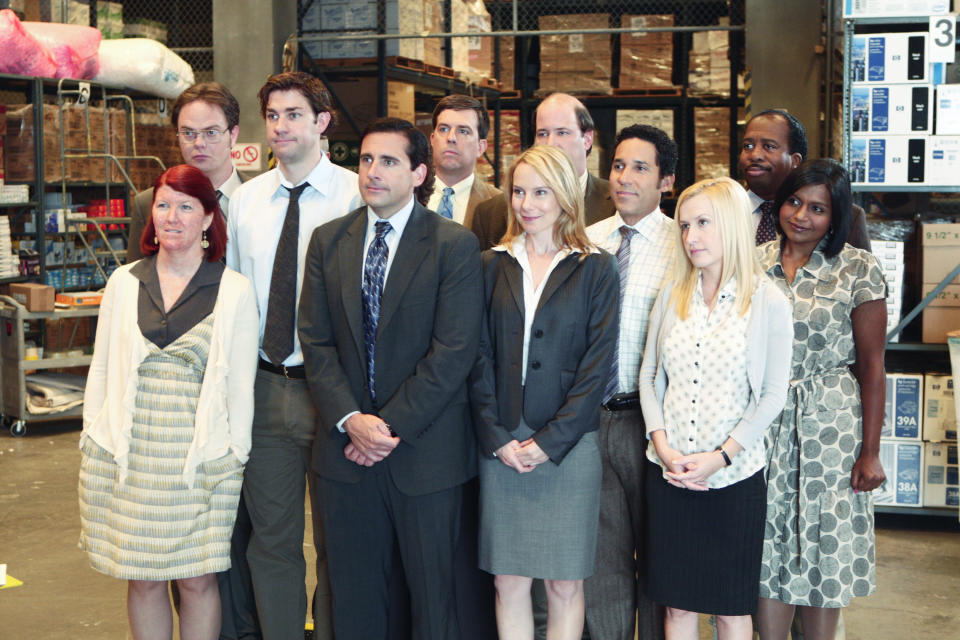 THE OFFICE -- "Weight Loss" Episode 1 -- Pictured: (l-r) Kate Flannery as Meredith Palmer, John Krasinski as Jim Halpert, Steve Carell as Michael Scott, Amy Ryan as Holly Flax, Angela Kinsey as Angela Martin, Mindy Kaling as Kelly Kapoor (back row l-r) Creed Bratton as Creed Bratton, Rainn Wilson as Dwight Schrute, Phyllis Smith as Phyllis Lapin, Brian Baumgartner as Kevin Malone, Oscar Nunez as Oscar Martinez, Leslie David Baker as Stanley Hudson (Photo by Chris Haston/NBCU Photo Bank/NBCUniversal via Getty Images via Getty Images)