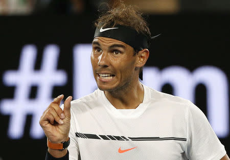 Tennis - Australian Open - Melbourne Park, Melbourne, Australia - 23/1/17 Spain's Rafael Nadal gestures to the umpire during his Men's singles fourth round match against France's Gael Monfils. REUTERS/Issei Kato