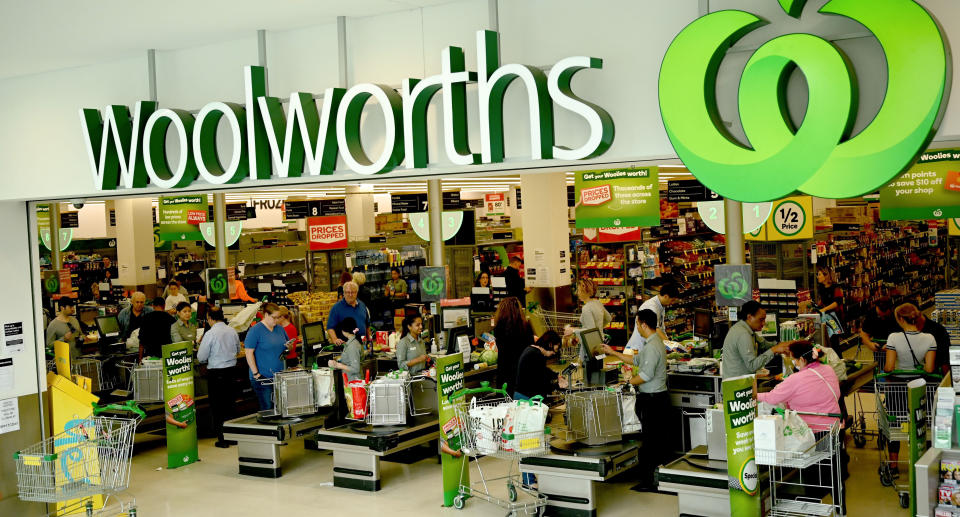 A file image shows rows of Woolworths checkouts