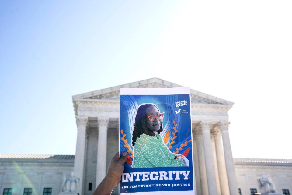 Supporters of Supreme Court Justice nominee Judge Judge Ketanji Brown Jackson gather outside the US Supreme Court in Washington, DC, on March 21, 2022. (AFP via Getty Images)