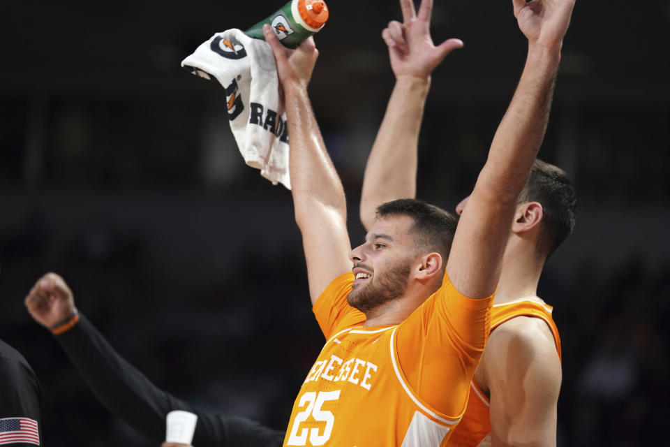 Tennessee guard Santiago Vescovi celebrates after a basket during the second half of an NCAA college basketball game against South Carolina, Saturday, Jan. 7, 2023, in Columbia, S.C. (AP Photo/Sean Rayford)