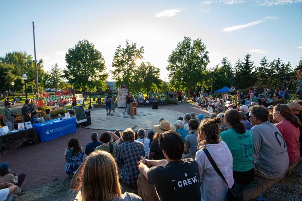 Jewell James talks to the crowd at the rally to protect mature/legacy forests on Tuesday Aug. 22 at the Maritime Heritage Park Amphitheater.