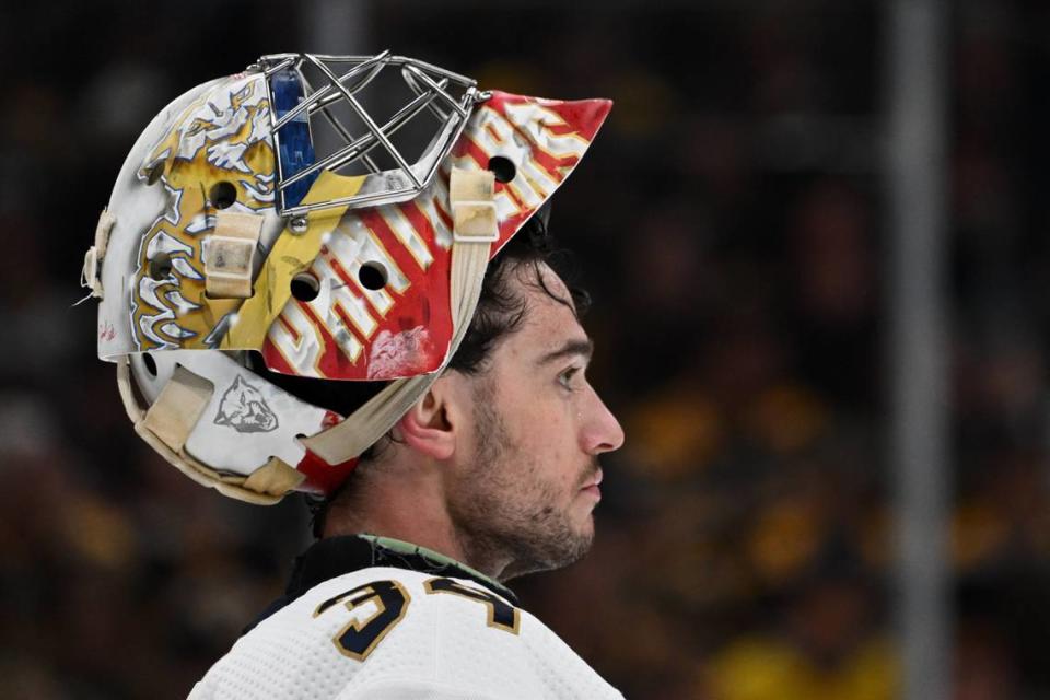 Apr 17, 2023; Boston, Massachusetts, USA; Florida Panthers goaltender Alex Lyon (34) looks on after allowing a goal from Boston Bruins right wing David Pastrnak (not seen)during the first period of game one of the first round of the 2023 Stanley Cup Playoffs at TD Garden. Mandatory Credit: Brian Fluharty-USA TODAY Sports