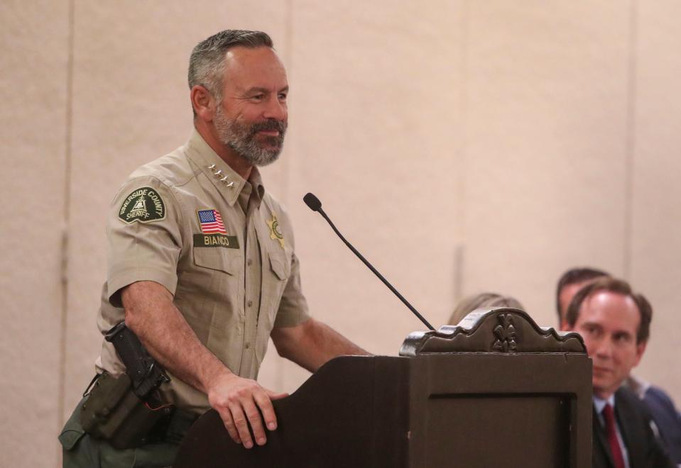 Riverside County Sheriff Chad Bianco speaks during a Concerned Citizens of La Quinta event at the La Quinta Resort and Club in La Quinta, Calif., Wednesday, Jan. 26, 2022. 