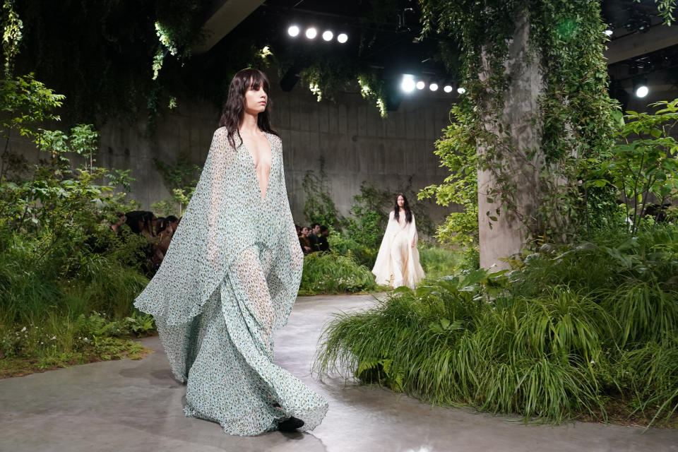 A model wears an outfit for the Gucci Cruise fashion show in London, Monday, May 13, 2024. (Photo by Alberto Pezzali/Invision/AP)