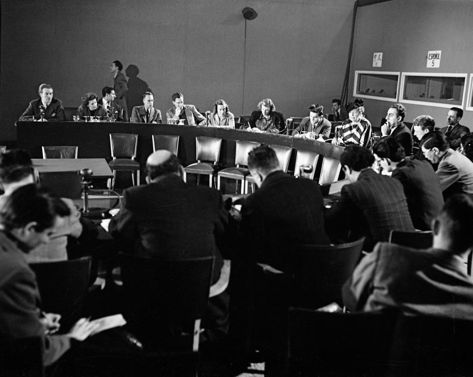 Eleanor Roosevelt, chair of the United Nations Human Rights Commission, during a December 1948 press conference in Paris, France, on the Universal Declaration of Human Rights.