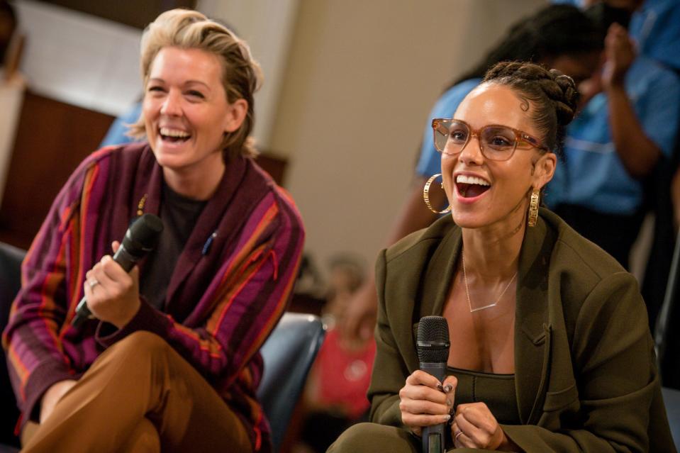 <p>Brandi Carlile and Alicia Keys join each other onstage during the Beautiful Noise Live - Live Nation Women x Femme It Forward panel discussion at the Sisters Chapel Spelman College on Sept. 23 in Atlanta.</p>