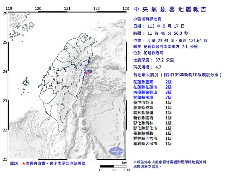 今上午11時49分花蓮縣近海發生芮氏規模4.7的小區域地震。（圖／中央氣象署）