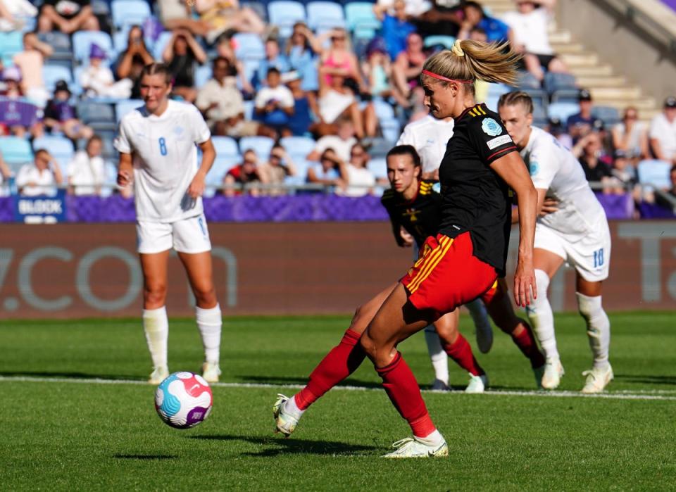 Belgium’s Justine Vanhaevermaet equalises from the penalty spot (Martin Rickett/PA) (PA Wire)