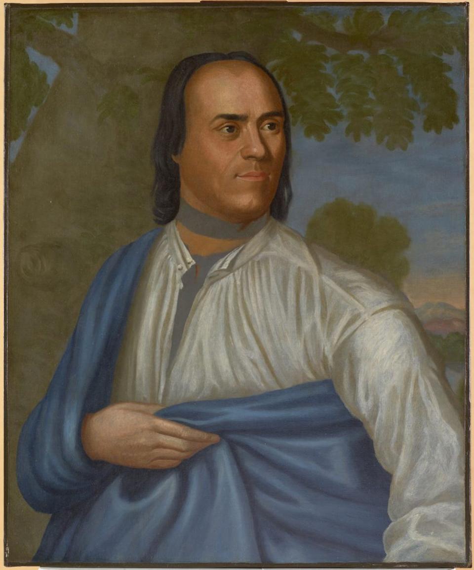 The portrayal of Samson Occom includes symbols of both the Indigenous identity of the sitter and his connections to Mediterranean antiquity. <a href="https://bcma.bowdoin.edu/antiquity/objects/1813-4/" rel="nofollow noopener" target="_blank" data-ylk="slk:Painted by Nathaniel Smibert. Courtesy of Bowdoin College Museum of Art;elm:context_link;itc:0;sec:content-canvas" class="link ">Painted by Nathaniel Smibert. Courtesy of Bowdoin College Museum of Art</a>