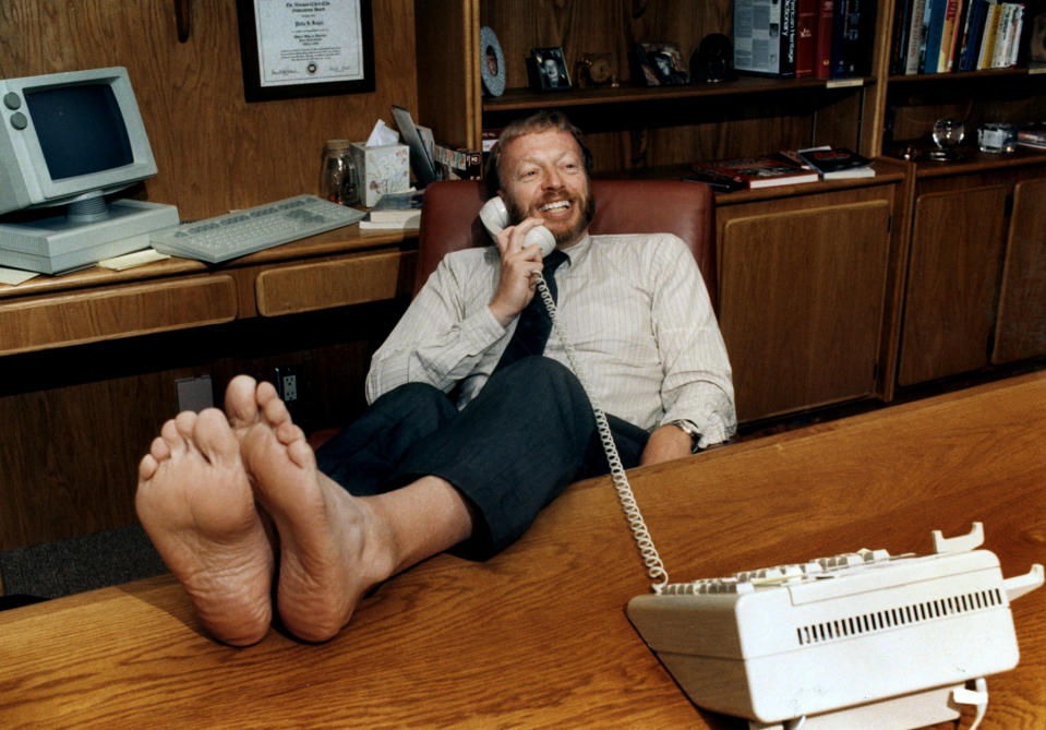 Phil Knight in his office at Nike in Beaverton, Oregon, 1986. - Credit: BRENT WOJAHN/AP