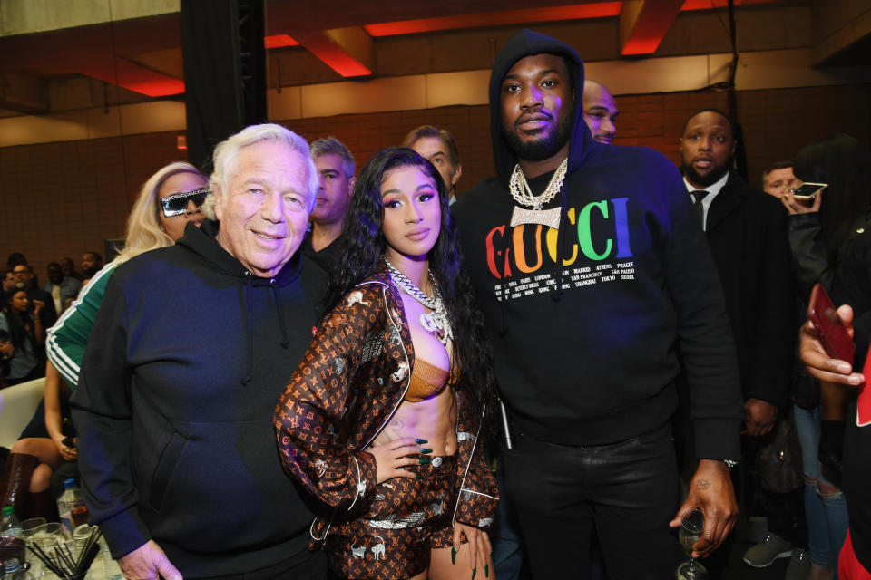 Meek Mill helped surprise Robert Kraft, seen here with Cardi B in 2019, with a new Bentley for his 80th birthday. (Kevin Mazur/Getty Images/Fanatics)