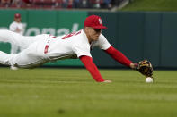 St. Louis Cardinals second baseman Tommy Edman is unable to reach a single by Milwaukee Brewers' Kolten Wong during the fourth inning of a baseball game Thursday, May 26, 2022, in St. Louis. (AP Photo/Jeff Roberson)