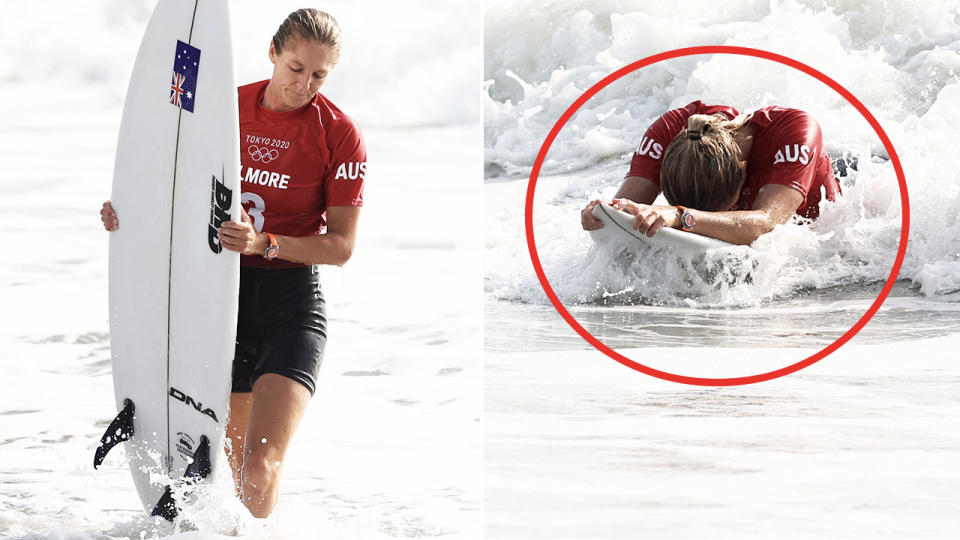 Steph Gilmore, pictured here looking dejected after being eliminated from the Olympics surfing event.