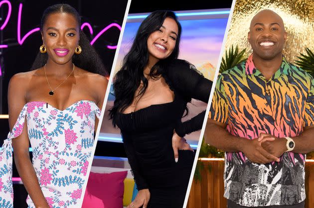 AJ Odudu, Maya Jama and Darren Harriott on the set of Love Island Aftersun (Photo: Jonathan Hordle/Shutterstock)