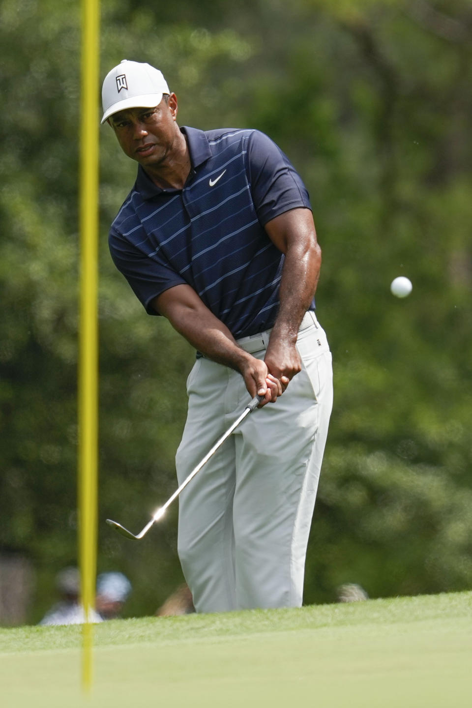 Tiger Woods chips to the green on the eighth hole during the second round of the Masters golf tournament at Augusta National Golf Club on Friday, April 7, 2023, in Augusta, Ga. (AP Photo/Mark Baker)