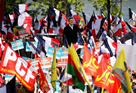 Jean-Luc Melenchon of the French far left Parti de Gauche and candidate for the 2017 French presidential election, attends a political rally in Toulouse, Southwestern France, April 16, 2017. REUTERS/Regis Duvignau