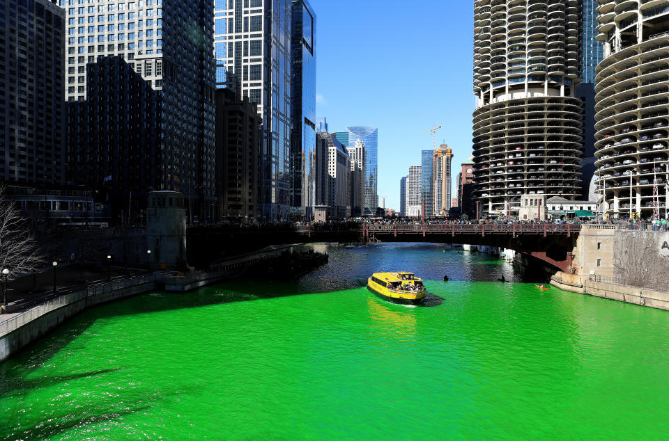 CHICAGO - MARCH 16:  The Chicago River, after members of Plumbers Local 130 U.A. poured environmentally safe orange powder along the Chicago River turning it green for St. Patrick's Day in Chicago, Illinois on March 16, 2019.  (Photo By Raymond Boyd/Getty Images)