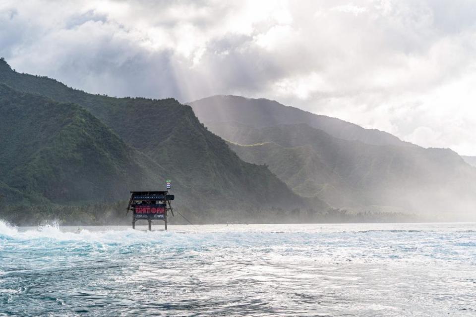 The judges’ tower for the Tahiti Pro 2022 in Teahupo’o, French Polynesia.