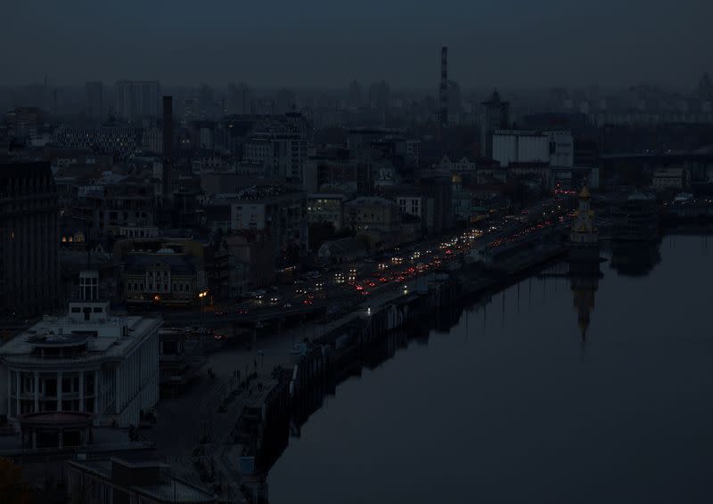 FILE PHOTO: A view shows the city centre without electricity after critical civil infrastructure was hit by Russian missile attacks in Ukraine in Kyiv