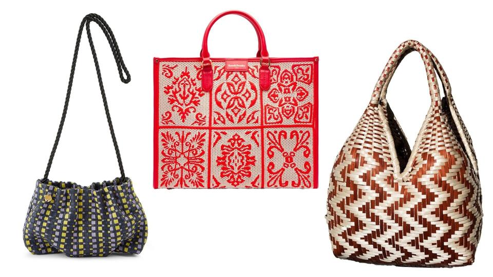 Handwoven leather bag, £295, Stelar; Woven tote, £295, Russell & Bromley; Handwoven bag, £115, Columbia Collective