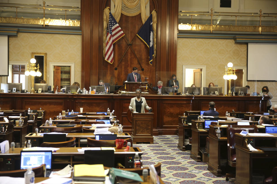 Rep. Gilda Cobb-Hunter, D-Orangeburg, speaks against an abortion bill as it is debated on Wednesday, Feb. 17, 2021 in Columbia, S.C. Democrats walked out, leaving members to speak to many empty seats. (AP Photo/Jeffrey Collins)