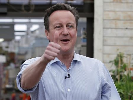 Prime Minister David Cameron gestures to supporters during an election rally at Squires garden centre in Twickenham, London, Britain May 5, 2015. REUTERS/Peter Nicholls