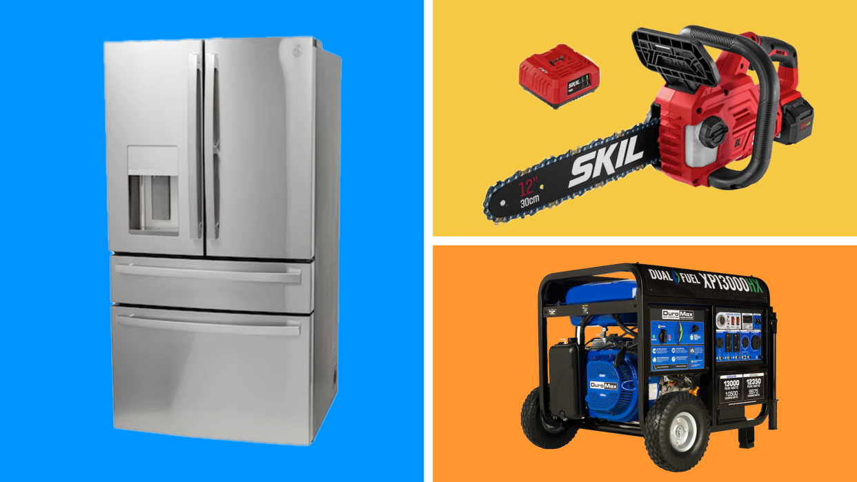 Lowe's Prime Day Deals featuring the GE Profile Smart French Door Refrigerator, SKIL PWR CORE 20-volt chainsaw, and DuroMax XP13000HX portable generator