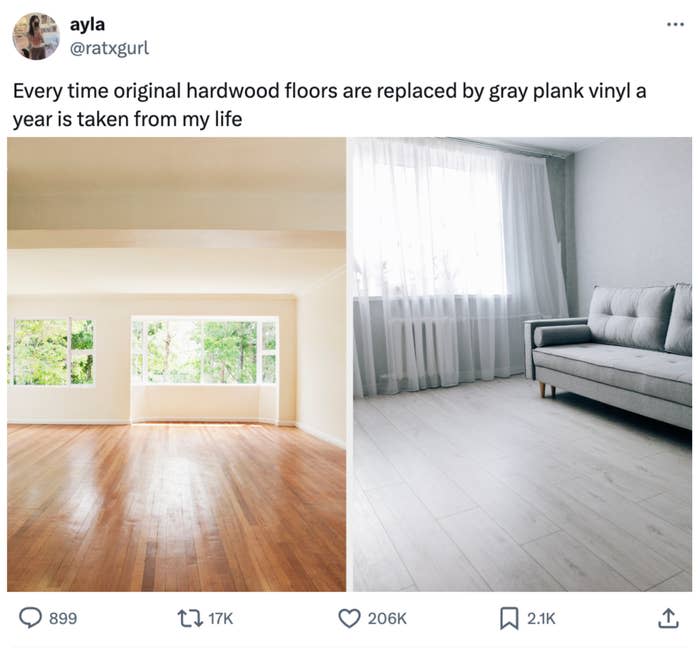 A tweet by Ayla (@ratxgurl) showing a side-by-side comparison of rooms with old hardwood floors (left) and modern gray plank vinyl floors (right), with a humorous caption
