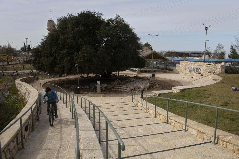 An Israeli Jewish settler youth rides a bicycle on a small promenade built by the Jewish National Fund, also known by its Hebrew acronym KKL, near the Israeli West Bank settlement of Alon Shvut, Monday, Feb. 22, 2021. The fund acquires land, plants trees and carries out development projects, and is considering formally expanding its activities into the occupied West Bank, deepening the rift between left-leaning Jewish groups in the United States and the increasingly right-wing Israeli government. (AP Photo/Sebastian Scheiner)