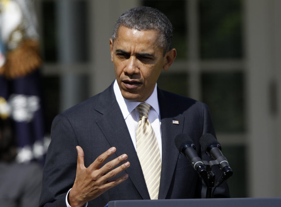 President Barack Obama speaks in the Rose Garden of the White House in Washington, Thursday, March 29, 2012, to urge Congress to eliminate tax breaks for oil and gas companies. (AP Photo/Charles Dharapak)