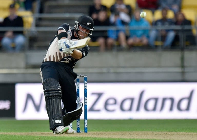 Corey Anderson of New Zealand plays a shot during their third Twenty20 match against Pakistan, at Westpac Stadium in Wellington, on January 22, 2016