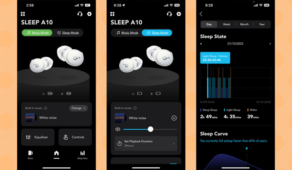 On the left: Music Mode, which has nothing to do with music. In the center: Sleep Mode, which doesn't let you choose a sleep sound. Needless to say, Soundcore's app needs work. (Photo: Rick Broida/Yahoo)