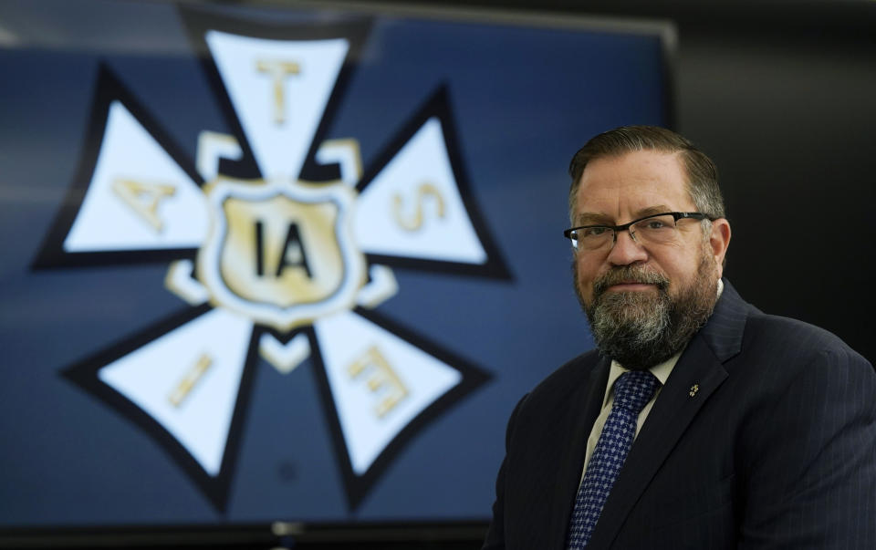 Matthew Loeb, president of the International Alliance of Theatrical Stage Employees (IATSE), poses for a portrait at IATSE offices in Burbank, Calif., Friday, Oct. 15, 2021. The union says its 60,000 members will begin a nationwide strike on Monday if it does not reach a deal that satisfies demands for fair and safe working conditions. (AP Photo/Chris Pizzello)