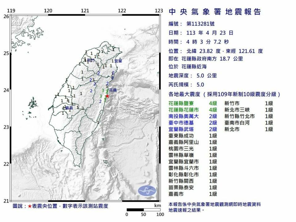 今（23）天清晨4點03分花蓮縣近海發生芮氏規模5地震。   圖：氣象署提供