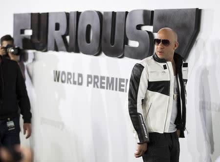 Cast member Vin Diesel poses at the premiere of "Furious 7" at the TCL Chinese theatre in Hollywood, California April 1, 2015. The movie opens in the U.S. on April 3. REUTERS/Mario Anzuoni