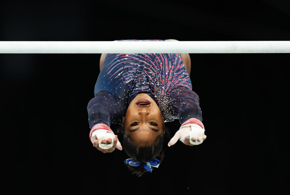 Team USA's Jordan Chiles practices on the uneven bars during a training session on Thursday. (Ezra Shaw/Getty Images)
