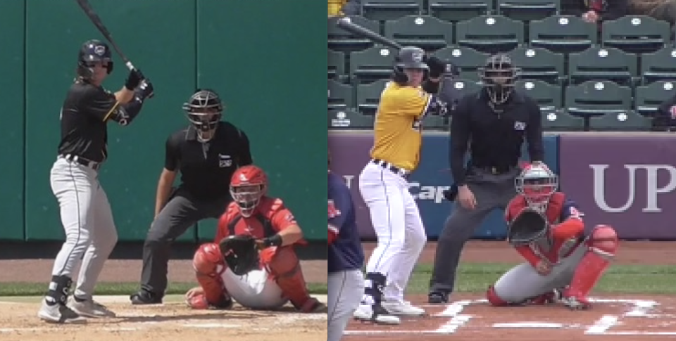 The difference is subtle, but Detroit Tigers prospect Colt Keith adjusted his swing mechanics from late April (right photo) to early June (left photo) by eliminating the crouch in his stance.