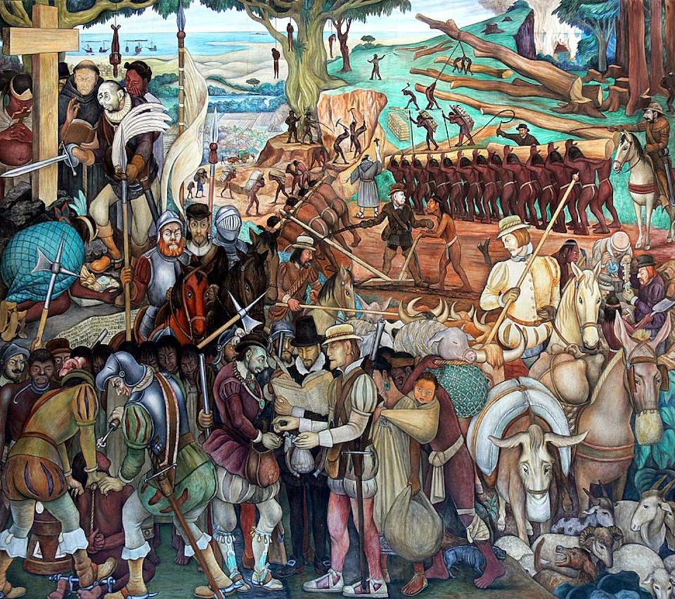 Mural de Diego Rivera en el Palacio Nacional de México, en donde retrata la explotación de México a manos de los conquistadores españoles. <a href="https://commons.wikimedia.org/wiki/File:Murales_Rivera_-_Ausbeutung_durch_die_Spanier_1_perspective.jpg" rel="nofollow noopener" target="_blank" data-ylk="slk:Wikimedia Commons;elm:context_link;itc:0;sec:content-canvas" class="link ">Wikimedia Commons</a>, <a href="http://creativecommons.org/licenses/by-sa/4.0/" rel="nofollow noopener" target="_blank" data-ylk="slk:CC BY-SA;elm:context_link;itc:0;sec:content-canvas" class="link ">CC BY-SA</a>